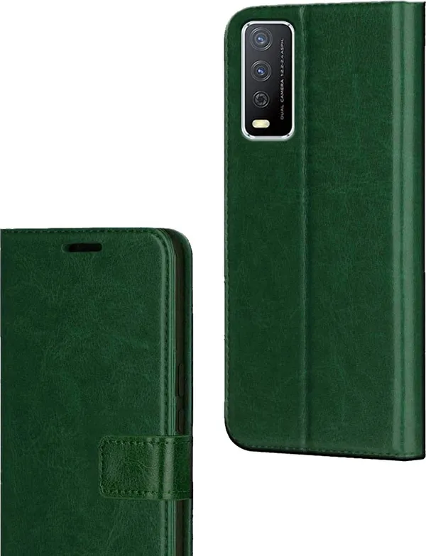 Green_Artificial_Leather_Vivo_Y12S_Flip_Cover