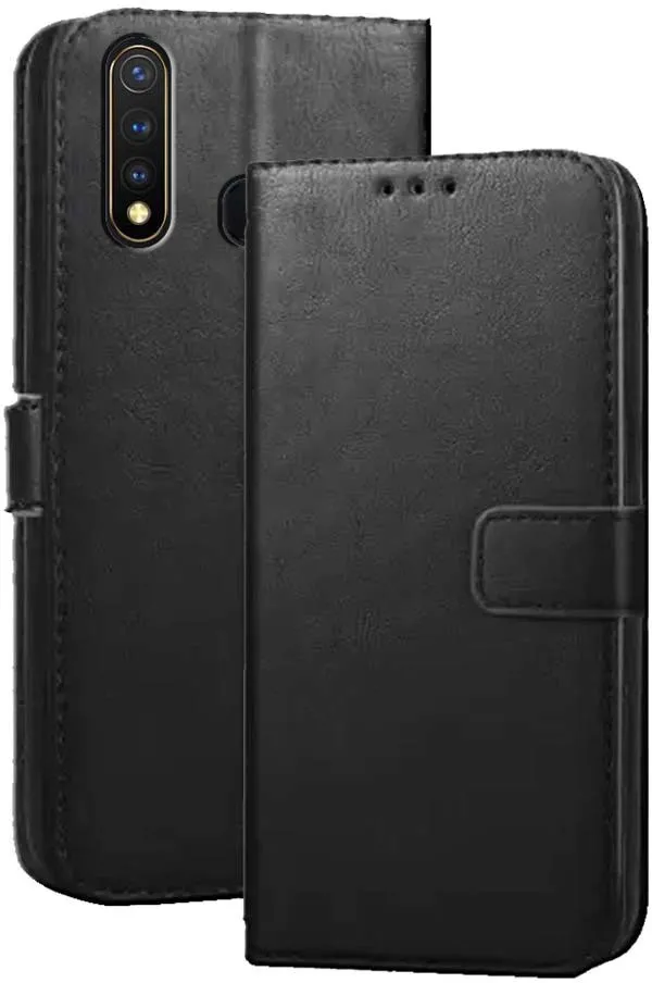 Black_Artificial_Leather_Vivo_Y19_Flip_Cover