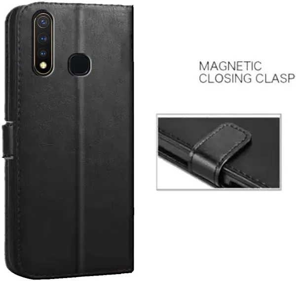 Black_Artificial_Leather_Vivo_Y19_Flip_Cover