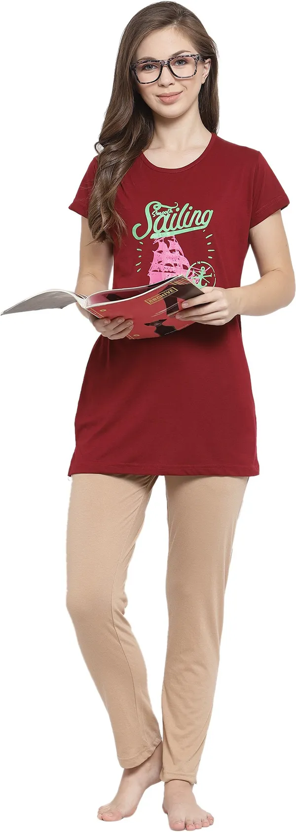Brown_&_Maroon_Printed__Cotton_Blend_Top_&_Pyjama_Set