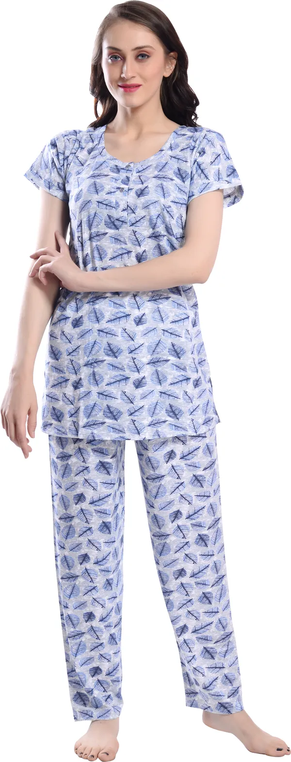 BLUE_Printed__Cotton_Blend_Night_Suit_Set