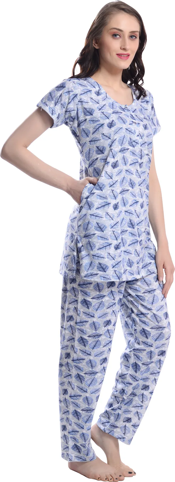 BLUE_Printed__Cotton_Blend_Night_Suit_Set