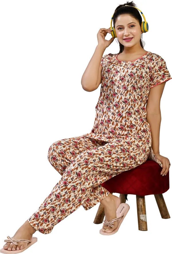 ORANGE_Floral_Print_Cotton_Blend_Night_Suit_Set
