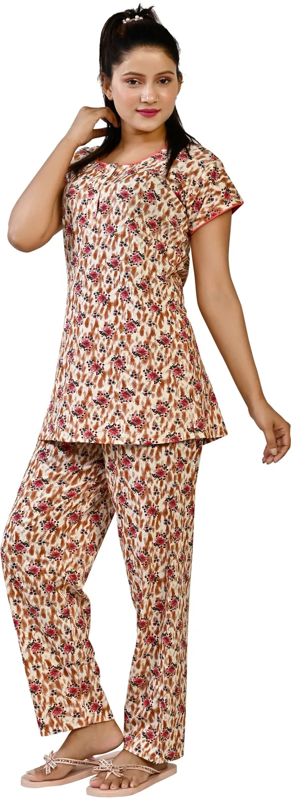 ORANGE_Floral_Print_Cotton_Blend_Night_Suit_Set