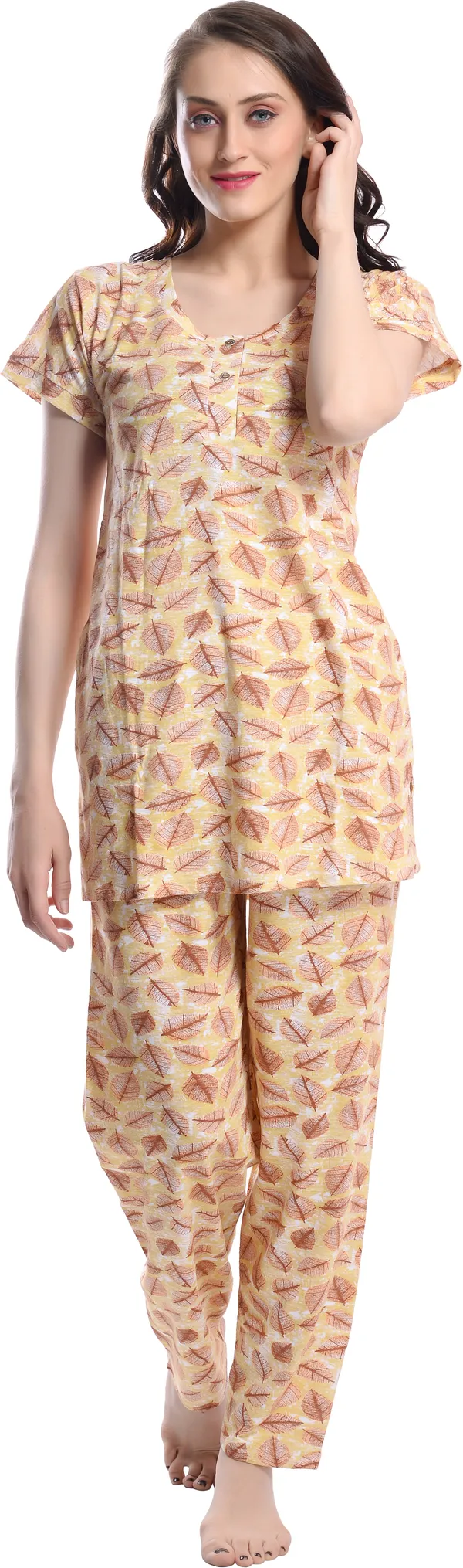 YELLOW_Printed__Cotton_Blend_Night_Suit_Set