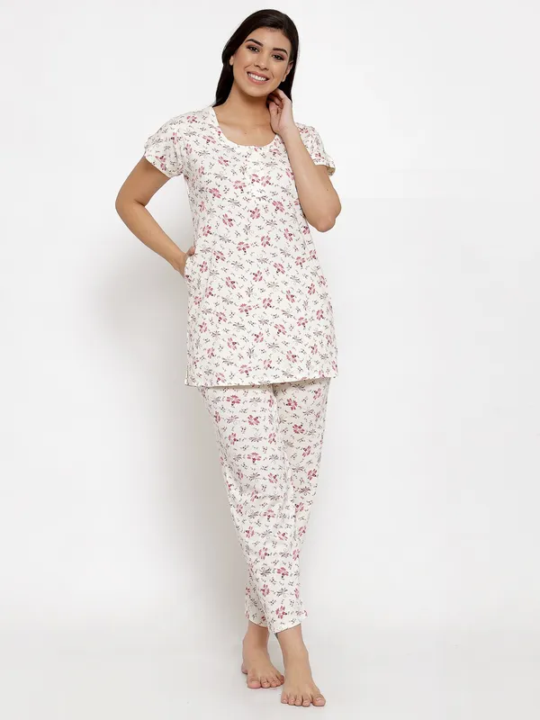 White_Printed__Cotton_Blend_Night_Suit_Set