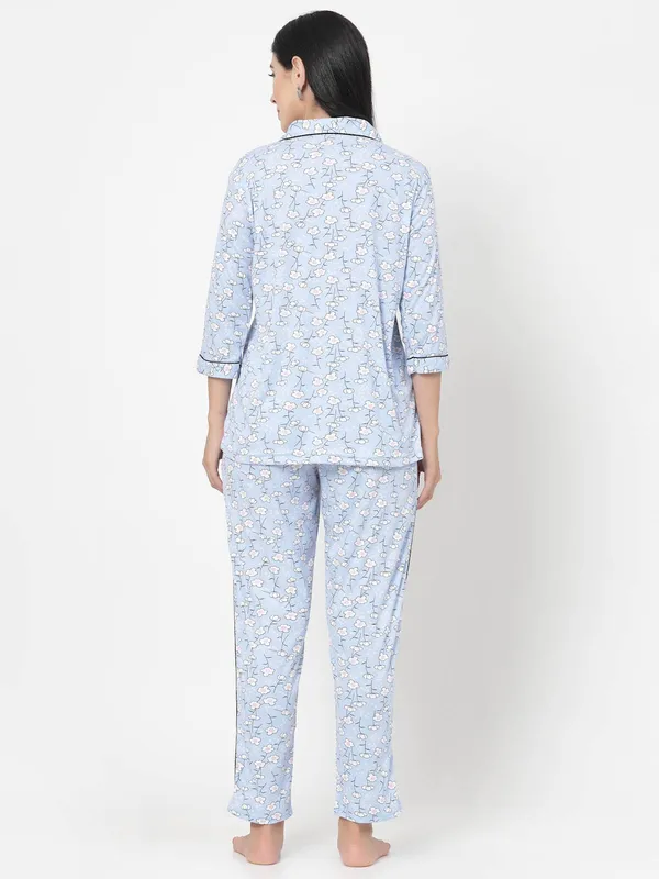 Blue_Floral_Print_Cotton_Blend_Shirt_&_Pyjama_set