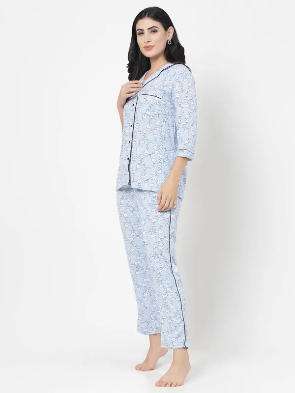 Blue_Floral_Print_Cotton_Blend_Shirt_&_Pyjama_set