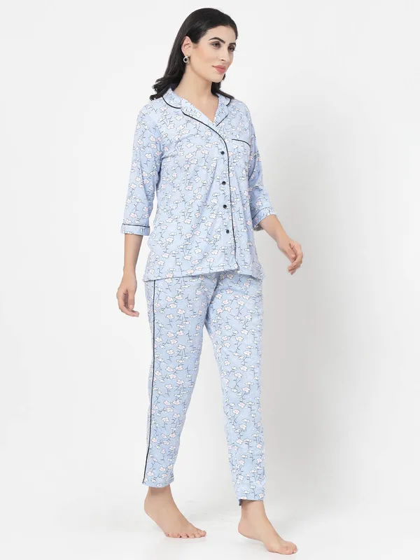 Blue_Floral_Print_Cotton_Blend_Shirt_&_Pyjama_set