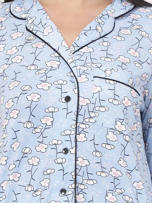 Blue_Floral_Print_Cotton_Blend_Shirt_&_Pyjama_set