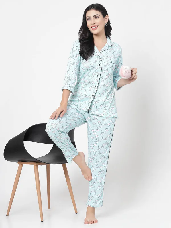 Blue_Floral_Print_Cotton_Blend_Shirt_&_Pyjama_set