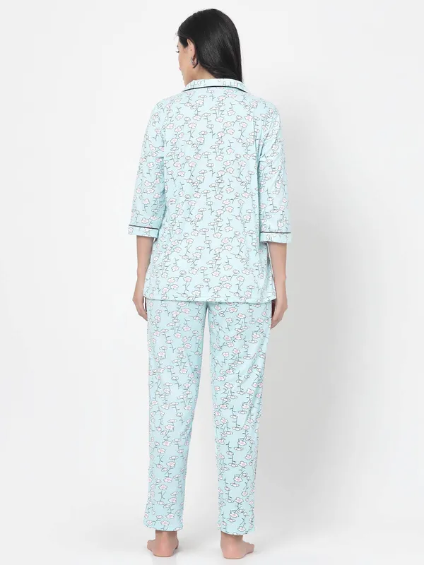 Light_Blue_Floral_Print_Cotton_Blend_Shirt_&_Pyjama_set