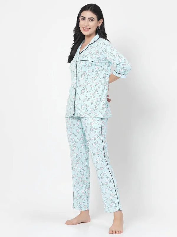 Light_Blue_Floral_Print_Cotton_Blend_Shirt_&_Pyjama_set
