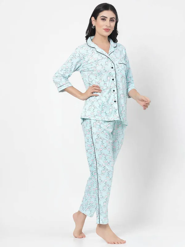 Light_Blue_Floral_Print_Cotton_Blend_Shirt_&_Pyjama_set