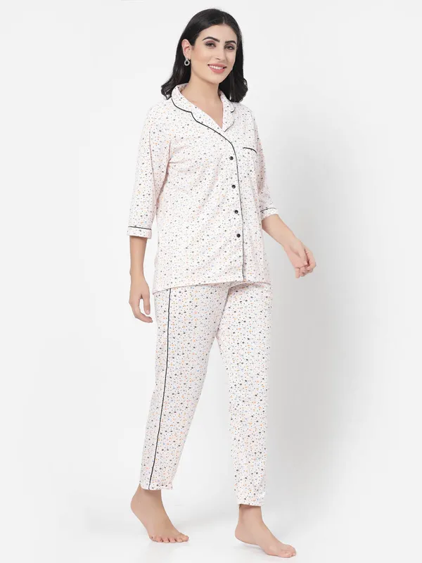 White_Printed__Cotton_Blend_Shirt_&_Pyjama_set