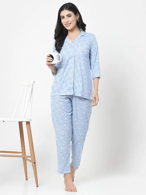 Blue_Printed__Cotton_Blend_Shirt_&_Pyjama_set