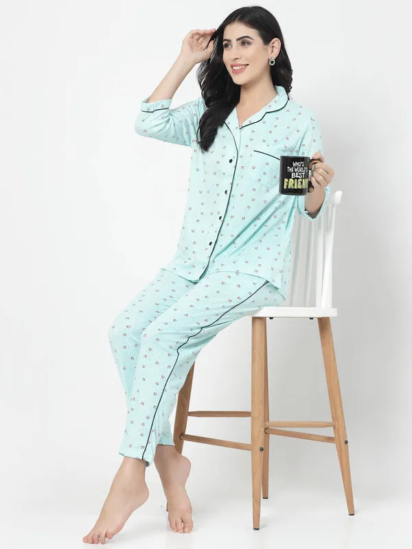 Blue_Printed__Cotton_Blend_Shirt_&_Pyjama_set