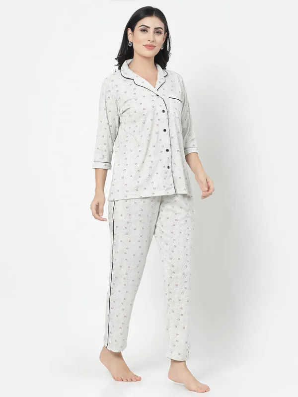 White_Printed__Cotton_Blend_Shirt_&_Pyjama_set
