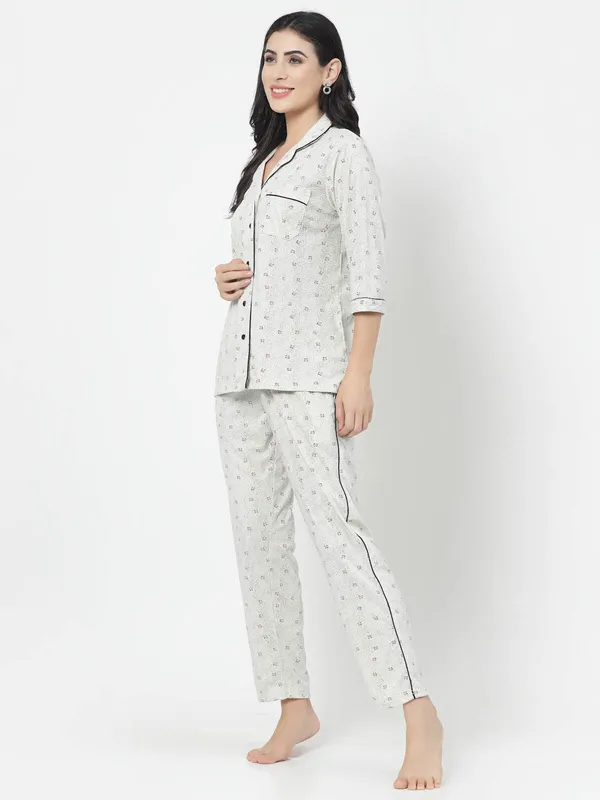 White_Printed__Cotton_Blend_Shirt_&_Pyjama_set