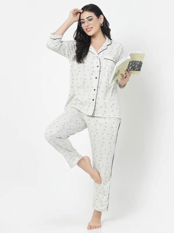 White_Printed__Cotton_Blend_Shirt_&_Pyjama_set