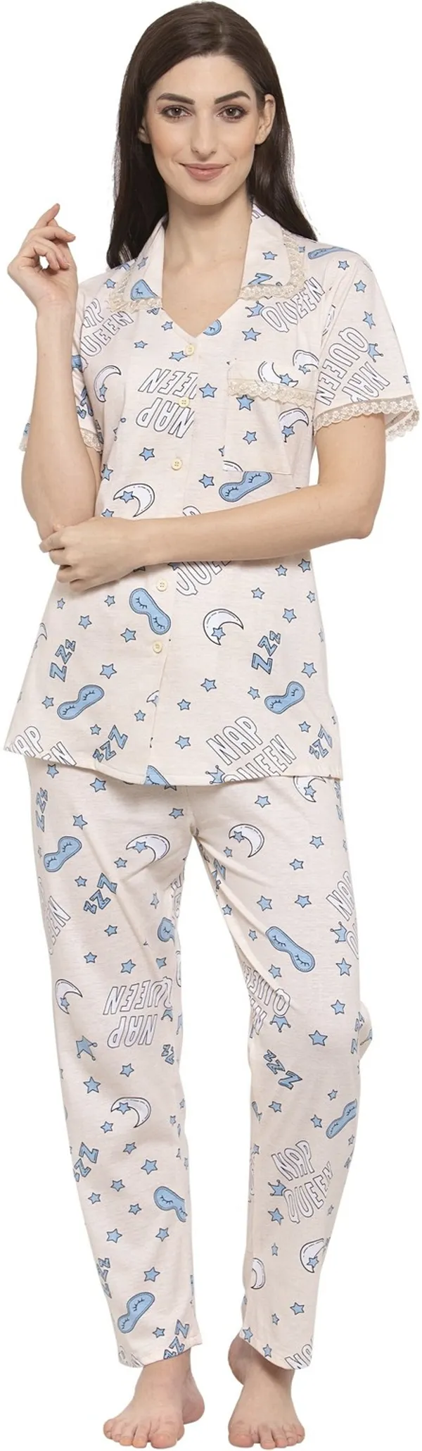 OF_WHITE_Printed__Cotton_Shirt_&_Pyjama_set