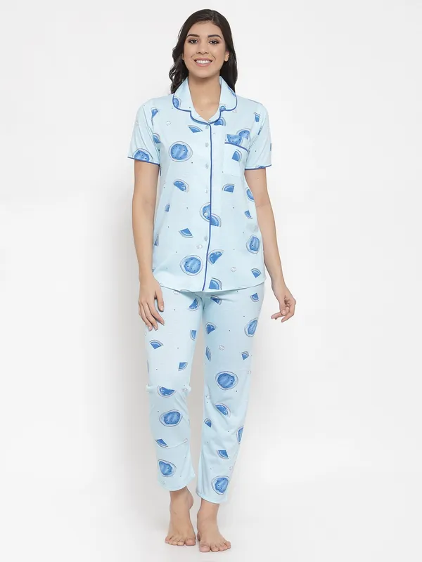 SKY_BLUE_Printed__Cotton_Shirt_&_Pyjama_set