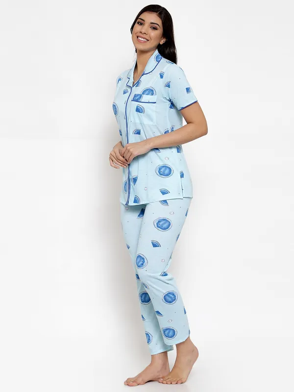 SKY_BLUE_Printed__Cotton_Shirt_&_Pyjama_set