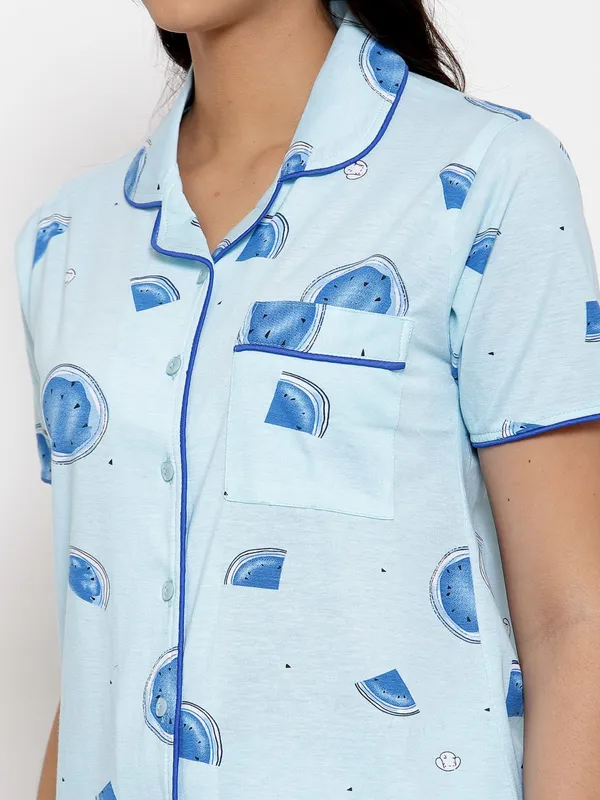 SKY_BLUE_Printed__Cotton_Shirt_&_Pyjama_set
