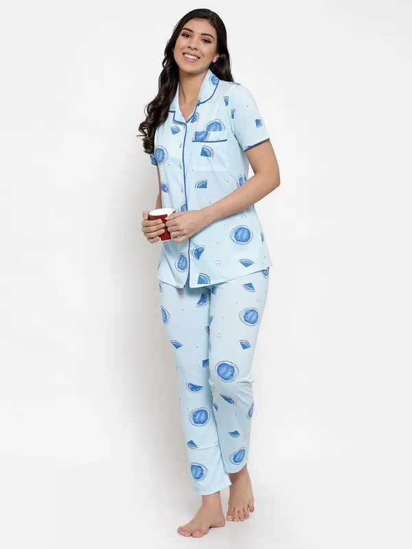SKY_BLUE_Printed__Cotton_Shirt_&_Pyjama_set