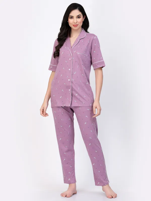 PURPLE_Printed__Cotton_Blend_Top_&_Pyjama_Set