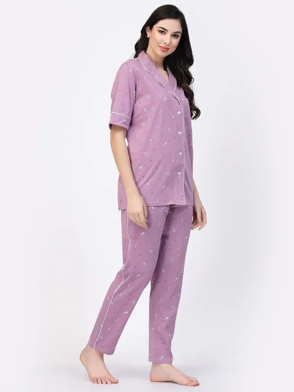 PURPLE_Printed__Cotton_Blend_Top_&_Pyjama_Set