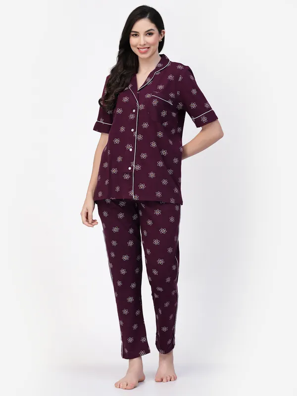 MAROON_Printed__Cotton_Blend_Night_Suit_Set