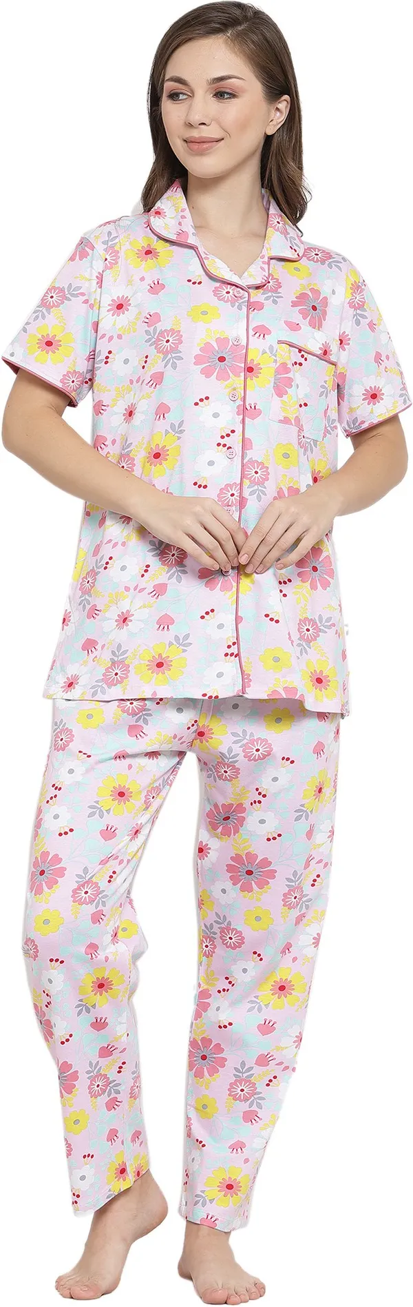 PINK_Floral_Print_Cotton_Shirt_&_Pyjama_set