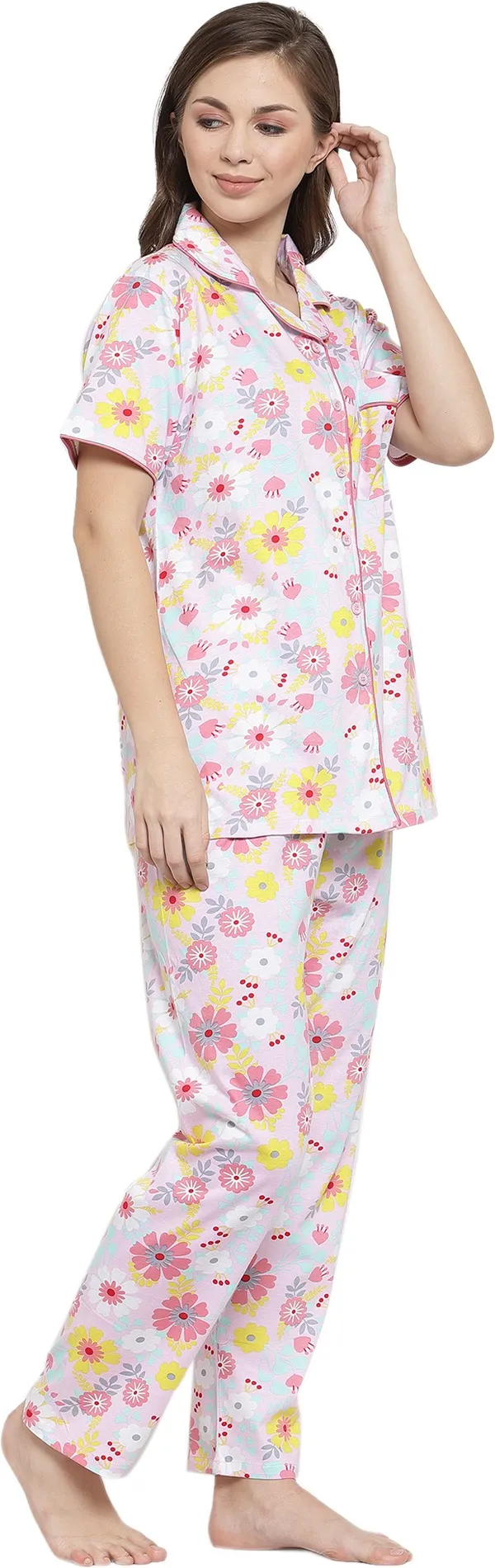 PINK_Floral_Print_Cotton_Shirt_&_Pyjama_set