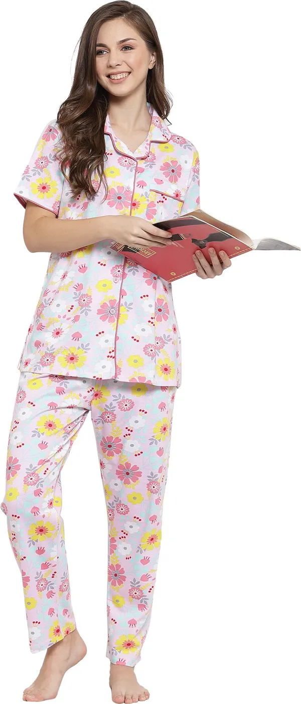 PINK_Floral_Print_Cotton_Shirt_&_Pyjama_set