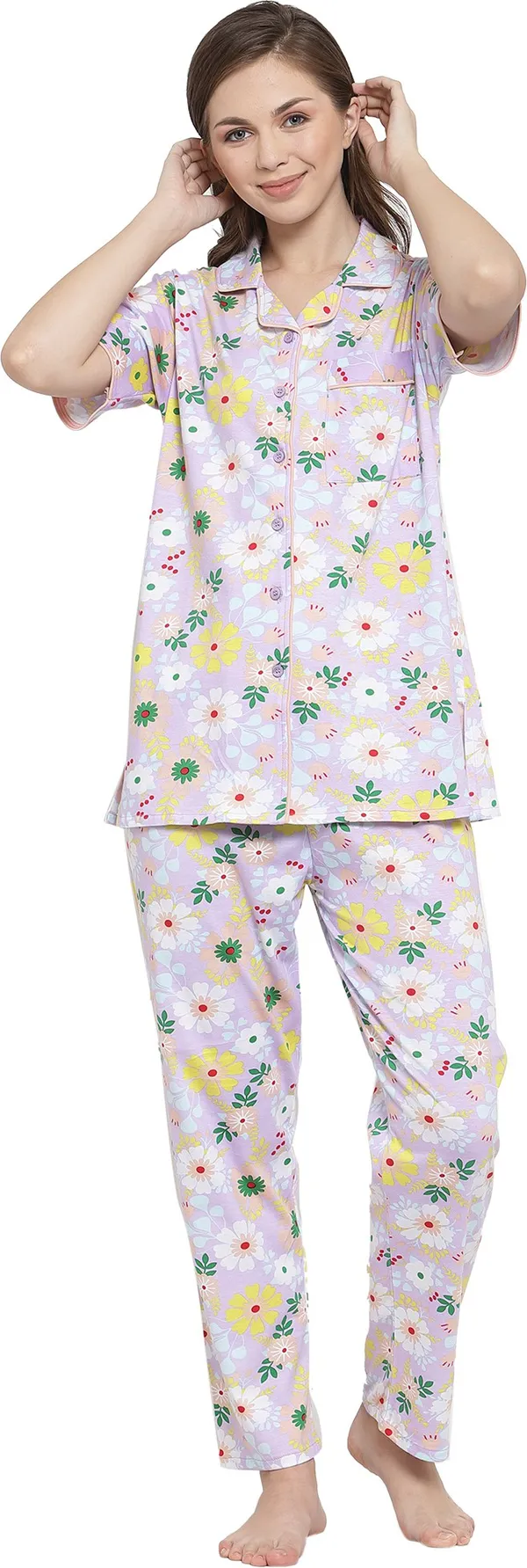 PURPLE_Floral_Print_Cotton_Shirt_&_Pyjama_set