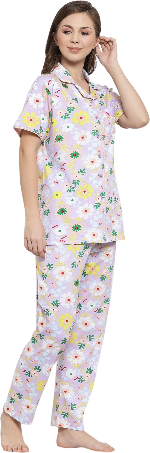 PURPLE_Floral_Print_Cotton_Shirt_&_Pyjama_set