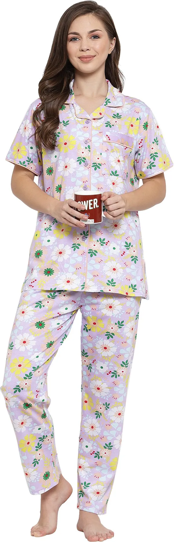 PURPLE_Floral_Print_Cotton_Shirt_&_Pyjama_set