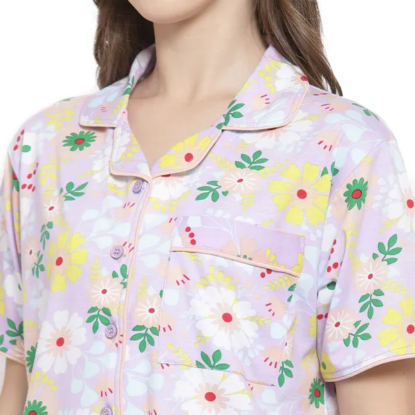 PURPLE_Floral_Print_Cotton_Shirt_&_Pyjama_set
