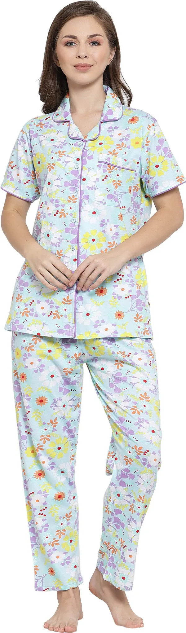 SKYBLUE_Floral_Print_Cotton_Shirt_&_Pyjama_set