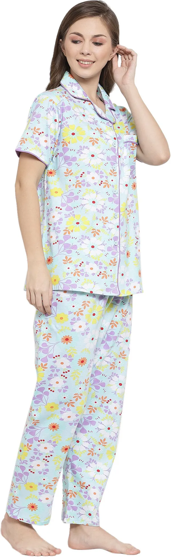 SKYBLUE_Floral_Print_Cotton_Shirt_&_Pyjama_set