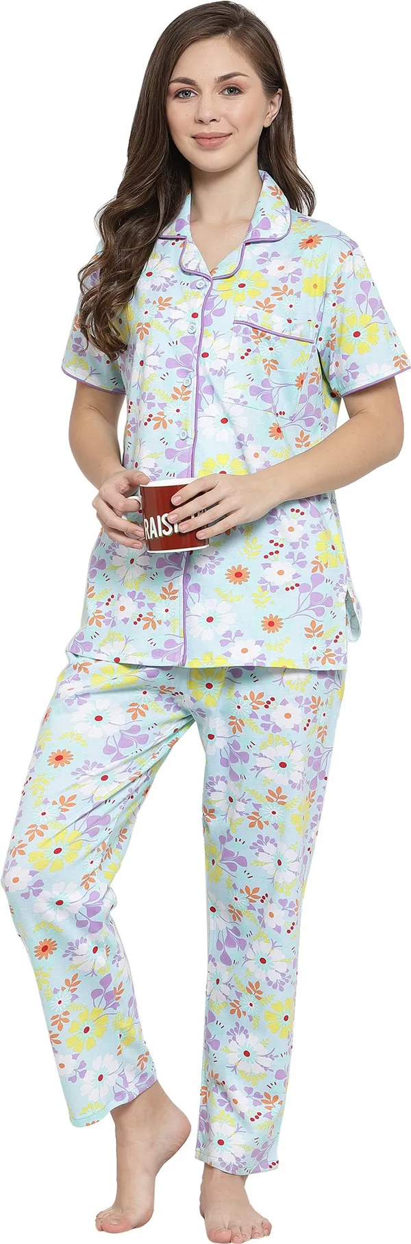 SKYBLUE_Floral_Print_Cotton_Shirt_&_Pyjama_set