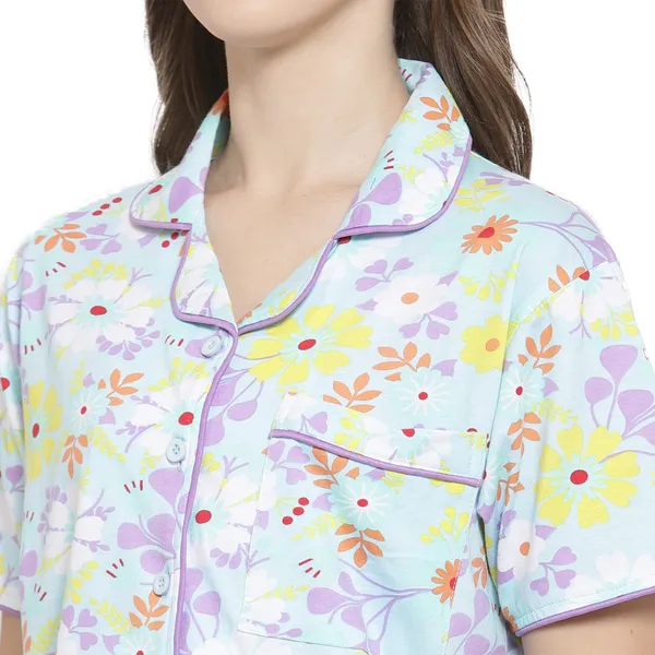 SKYBLUE_Floral_Print_Cotton_Shirt_&_Pyjama_set
