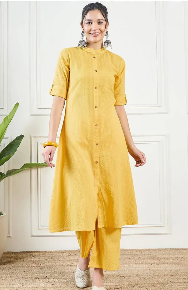 Yellow_Cotton_Pinted_Half_Sleeve_Kurta_&_Pent_Set