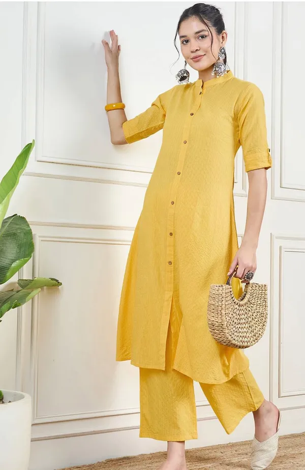 Yellow_Cotton_Pinted_Half_Sleeve_Kurta_&_Pent_Set