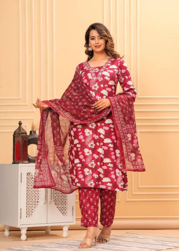 Marron_Rayon_Viscose_Kurta,_Pant_With_Dupatta_Set_For_Women