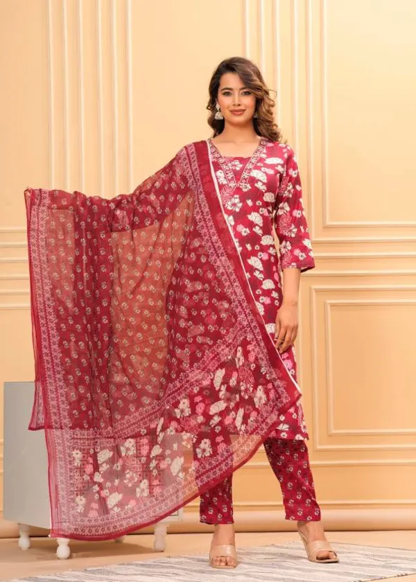 Marron_Rayon_Viscose_Kurta,_Pant_With_Dupatta_Set_For_Women