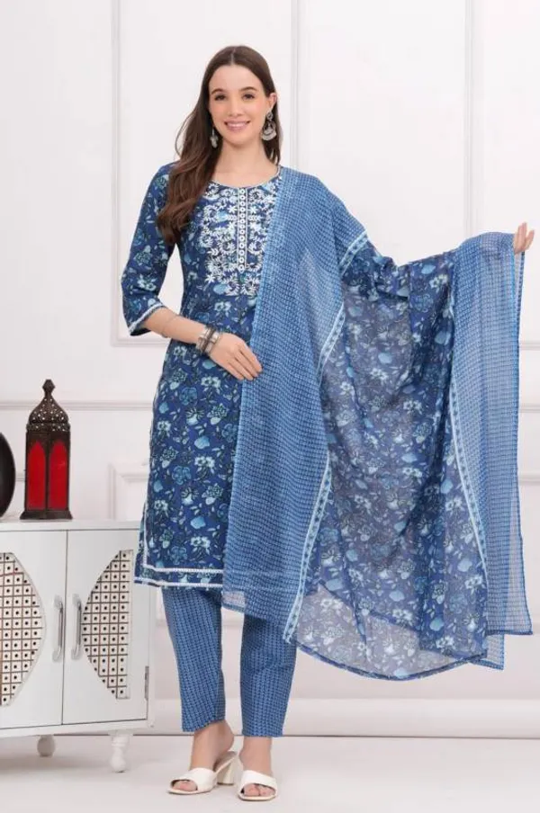 Blue_Soft_Cotton__Kurta,_Pant_With_Dupatta_Set_For_Women