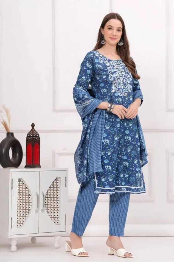 Blue_Soft_Cotton__Kurta,_Pant_With_Dupatta_Set_For_Women