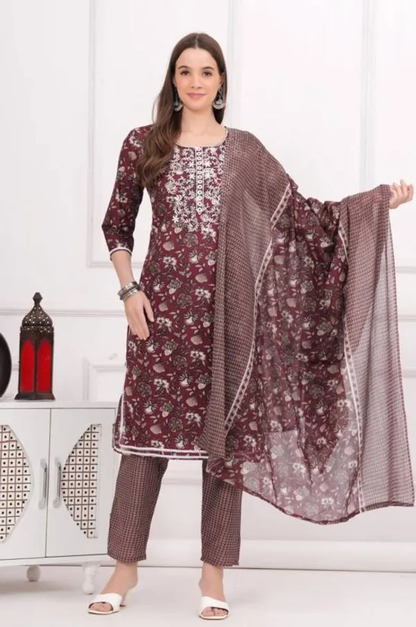 Coffee_Soft_Cotton__Kurta,_Pant_With_Dupatta_Set_For_Women